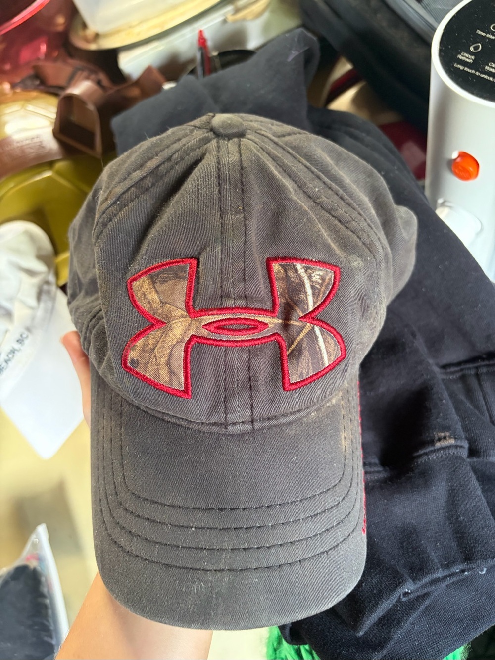 Under Armour Black Hat with Red-Trim Camo Logo